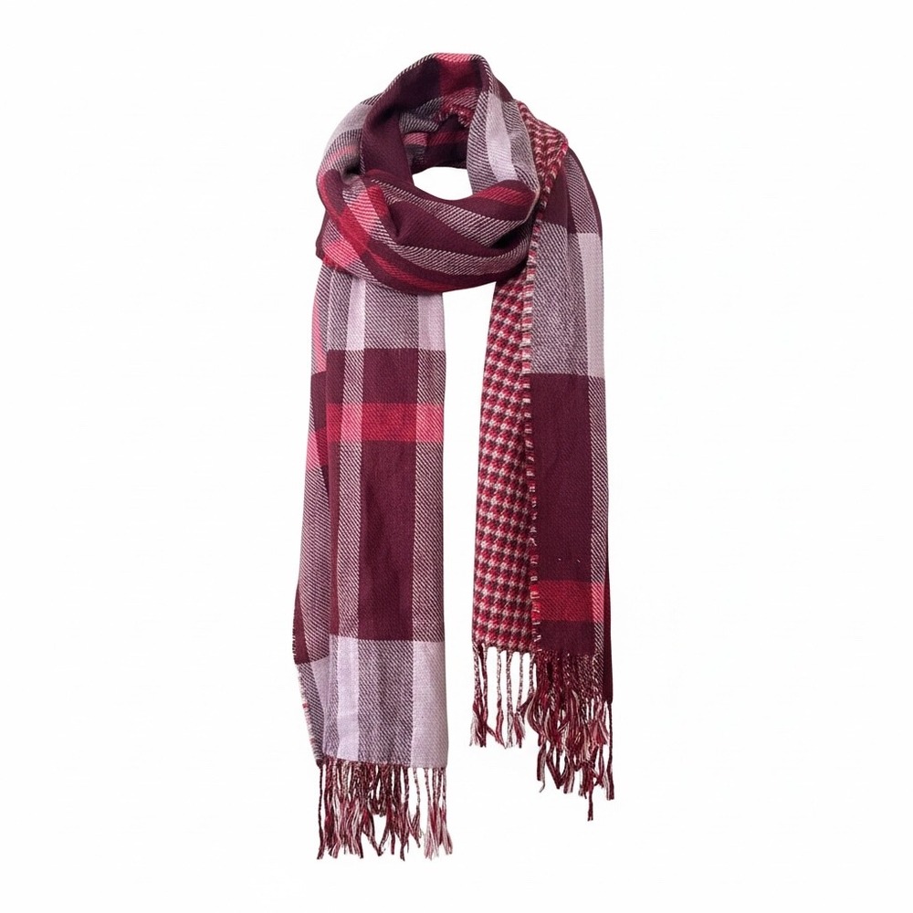A New Day Burgundy Plaid Houndstooth Reversible Fringe Oblong Scarf NWT